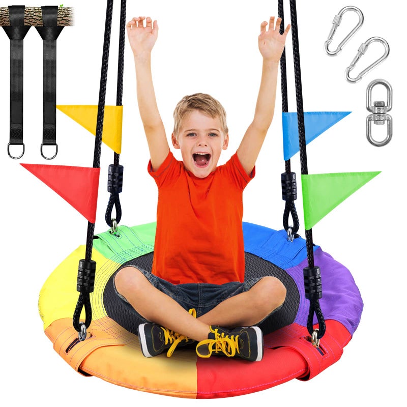 Odoland 24 inch Chidren Tree Swing Net Swing Outdoor Kid Platform Swing with Detachable 600LB Weight Load Oxford Fabric and Adjustable Hanging Ropes for Tree, Backyard and Indoor Color - Image 1